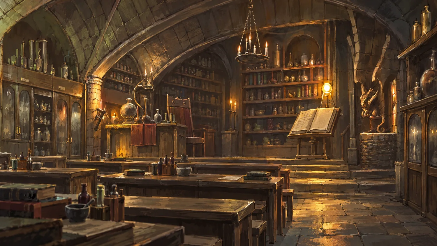 Ręcznie malowana w charakterze ilustracja magicznej pracowni w zamku